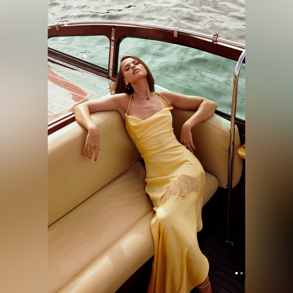 MESHKI yellow lace satin maxi
